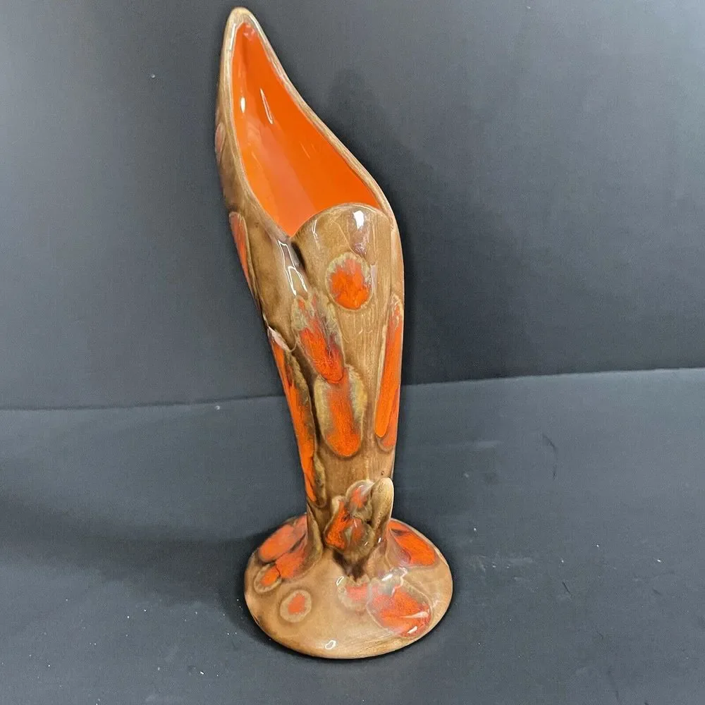 Vintage Bird Of Paradise MCM Pottery‎ Vase Orange Drip Signed Connie Nelson 1974